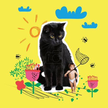 Téléchargez les photos : Creative contemporary art collage. Big black cat looking after little boy, toddler playing in the garden, catching butterflies. Concept of childhood, emotions, happiness, pets, domestic animals - en image libre de droit