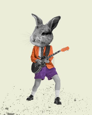 Téléchargez les photos : Rabbit head on female body playing guitar. Creative design on beige background. Happy Easter. Concept of holidays, spring, celebration, family gathering. Copy space for ad, text. Design for card - en image libre de droit