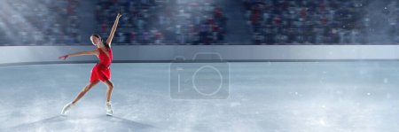 Photo for Beautiful girl in red dress, professional figure skater performing on dance competition, skating on 3D arena, ice rink. Graceful beauty. Concept of sport, achievements, championship, talent. - Royalty Free Image