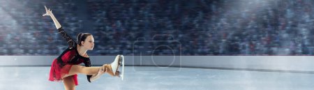 Photo for Talented professional little girl, figure skater in beautiful stage costume performing on 3D arena, ice rink. Sport show, dance competition. Concept of sport, achievements, championship, talent - Royalty Free Image