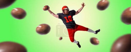 Photo for Collage. Man, professional american football player in motion, playing over green background with many balls. Concept of sport, achievements, competition, win. Poster, ad - Royalty Free Image