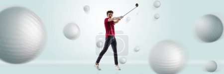 Foto de Collage. Young man in red T-shirt playing golf, hitting ball with golf club over light background with many balls. Concept of hobby, spot, leisure activity, achievements. Poster, ad - Imagen libre de derechos