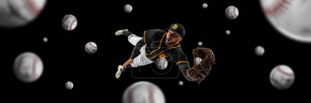 Foto de Collage. Man, professional baseball player catching ball with glove in a jump over black background with may balls. Concept of sport, competition, achievements, art. Poster, ad - Imagen libre de derechos
