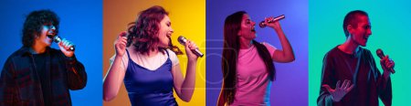 Téléchargez les photos : Collage man of four people. Young man and woman singing in microphone over multicolored background in neon light. Enjoying music. Concept of human emotions, facial expression, youth, lifestyle. - en image libre de droit
