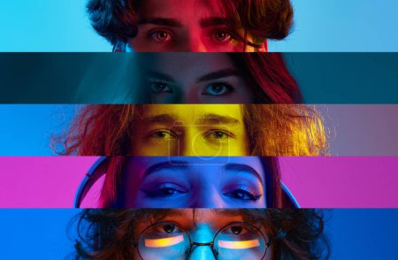 Photo for Collage. Human eyes of diverse people placed in narrow lines over multicolored background in neon light. Attentive look. Concept of human emotions, facial expression, youth, lifestyle. - Royalty Free Image