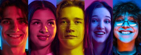 Téléchargez les photos : Collage made of five different people. Young man and woman looking on camera with diverse emotions. Neon portraits. Smiling. Concept of human emotions, facial expression, youth, lifestyle. - en image libre de droit