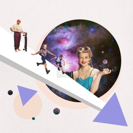 Foto de Contemporary art collage. Grandmother playing with two little boys. Beautiful girl talking on phone. Space in geometry. Surrealism. Futuristic design. Abstract art. Concept of inspiration, creativity - Imagen libre de derechos