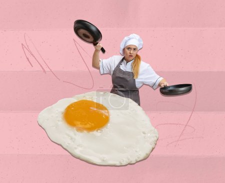 Téléchargez les photos : Contemporary art collage. Creative design. Emotional woman in image of chef, in white uniform cooking fried eggs with two frying pan. Concept of profession, creativity, taste, hobby, diet, ad - en image libre de droit