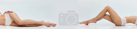 Photo for Collage. Cropped image of slim smooth female legs over grey studio background. Depilation, epilation, laser hair removal. Model posing in underwear. Concept of body and skin care, health, wellness. - Royalty Free Image