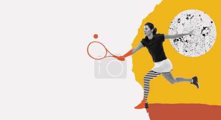 Foto de Modern creative design. Contemporary art. Young woman in uniform playing tennis, hitting ball with racket. Competitive mood. Concept of sport, motion, action, competition. Bright colors - Imagen libre de derechos