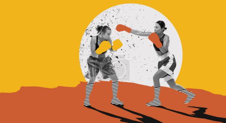 Photo for Modern creative design. Contemporary art. Two competitive women, martial art sportsmen training, fighting. Professional combat sport athletes. Sport, motion, action, competition concept. Bright colors - Royalty Free Image