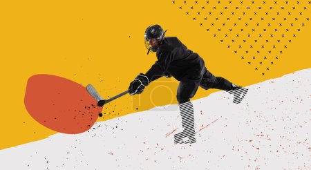 Foto de Modern creative design. Contemporary art. Man, professional hockey player in uniform, training, hitting puck with stick. Concept of sport, motion, action, competition. Bright colors - Imagen libre de derechos
