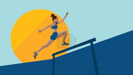 Foto de Diseño creativo moderno. Arte contemporáneo. Mujer joven, velocista, atleta corriendo, saltando sobre obstáculos. Arte del amanecer. Velocidad Concepto de deporte, movimiento y acción, competencia. Colores brillantes - Imagen libre de derechos