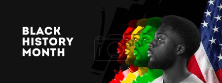 Photo for African-american man in red yellow green colors over black background with american flag. Black History Month. Banner, poster. Concept of human rights, freedom, history, discrimination and activism. - Royalty Free Image