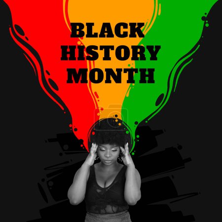 Photo for African-american woman over black background with red yellow green colors. Racial equality. Black History Month. Banner, poster. Concept of human rights, freedom, history, discrimination and activism. - Royalty Free Image