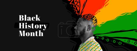 Photo for Racial equality. African-american man in red yellow green colors over black background with american flag. Black History Month. Banner, poster. Concept of human rights, freedom, history, dactivism. - Royalty Free Image