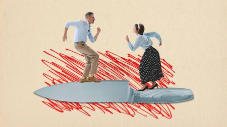 Téléchargez les photos : Collage d'art contemporain. Design créatif. Homme et femme dansant au couteau, signifiant querelles familiales et désaccord. Diversité des opinions. Concept de style rétro, vintage, créativité, surréalisme - en image libre de droit