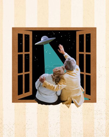 Photo for Contemporary art collage. Creative design. Senior man and woman sitting on window, hugging, looking at night sky. Love. Concept of retro style, vintage, creativity, surrealism, family, relationship - Royalty Free Image