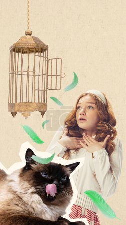 Foto de Collage de arte contemporáneo. Diseño creativo. Chica joven mirando emocionalmente en jaula de pájaro vacío cerca de gato lamiendo hocico. Concepto de estilo retro, vintage, creatividad, surrealismo, emociones, animales - Imagen libre de derechos