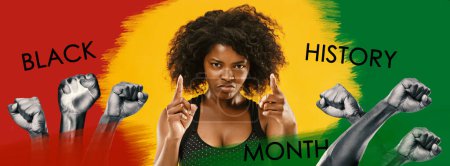 Photo for African-american woman over red yellow green background. Human rights. Social movements for freedom and racial equality. Black History Month. Banner, poster. History, american culture - Royalty Free Image