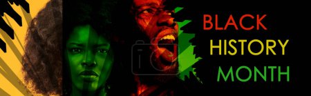 Afroamerikanische Frau und Mann auf schwarzem Hintergrund mit rot-gelb-grünen Farben. Rassengleichheit. Monat der schwarzen Geschichte. Banner, Plakat. Konzept von Menschenrechten, Freiheit, Geschichte, Aktivismus.