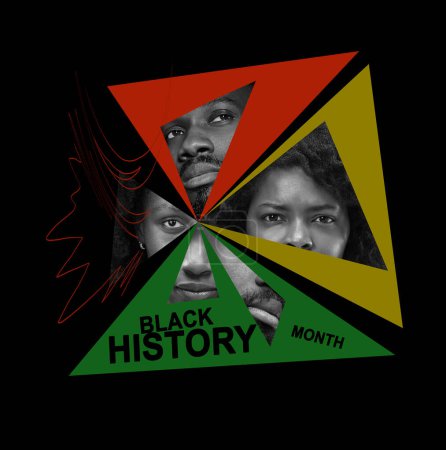 Photo for Pieces of human faces. African-american culture. Racial equality. No slavery in world. Black History Month. Banner, poster. Human rights, freedom, history, american culture, discrimination - Royalty Free Image