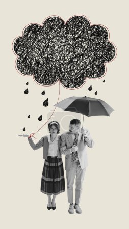 Téléchargez les photos : Contemporary art. Couple walking under umbrella. Woman suffering from obsessive thoughts. Difficulties in relationships. Manipulation. Psychology, inner world, mental health, feelings. Conceptual art - en image libre de droit