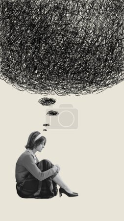 Contemporary art collage. Young woman suffering from obsessive tangled thoughts. Mental disorders, breakdown. Concept of psychology, inner world, mental health, feelings. Conceptual art