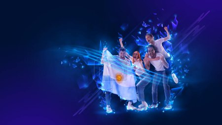 Photo for Creative art collage. Modern design. Group of emotional young people actively cheering up favourite argentina football team over blue background. Concept of sport, cup, world, team, event, competition - Royalty Free Image