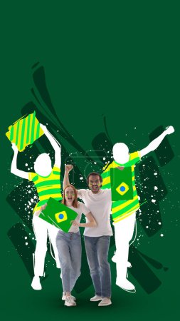 Photo for Creative art collage. Modern design. Man and woman, emotional young people actively cheering up favourite brazil football team over green background. Sport, cup, world, team, event, competition - Royalty Free Image