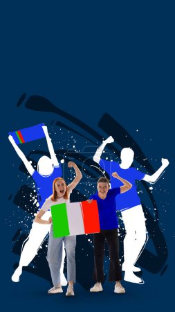 Photo for Creative art collage. Modern design. Two emotional young girls, fans actively cheering up favourite italian football team over blue background. Concept of sport, cup, world, team, event, competition - Royalty Free Image
