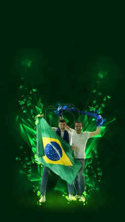 Téléchargez les photos : Creative art collage. Modern design. Two emotional young men actively cheering up favourite brazil football team over green background in neon. Concept of sport, cup, world, team, event, competition - en image libre de droit