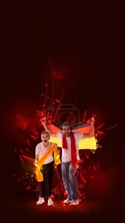Téléchargez les photos : Creative art collage. Modern design. Man and woman, emotional people actively cheering up favourite german football team over red background. Concept of sport, cup, world, team, event, competition - en image libre de droit