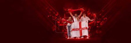 Photo for Creative art collage. Modern design. Group of young people emotionally cheering favorite sport team of england on competition. Red background. Concept of sport, cup, world, team, event, championship - Royalty Free Image