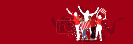Téléchargez les photos : Creative art collage. Modern design. Group of young girls, fans emotionally cheering favorite sport team on competition. Red background. Banner. Concept of sport, cup, world, team, event, competition - en image libre de droit