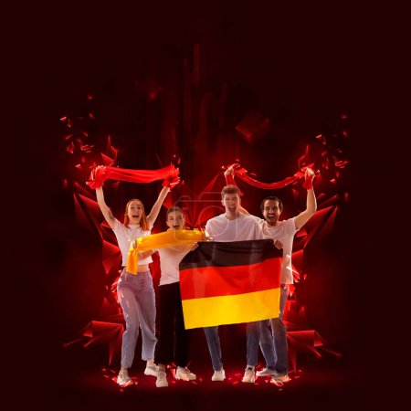 Foto de Creative art collage. Group of emotional people, man and woman cheerfully watching game, cheering up favourite german football team over red background. Concept of sport, cup, world, team, competition - Imagen libre de derechos