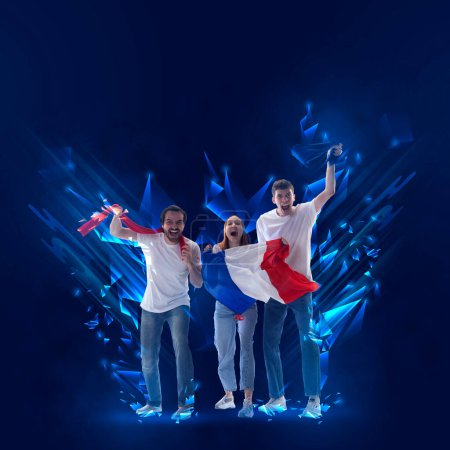 Téléchargez les photos : Creative art collage. Modern design. Young girl and two men emotionally cheering up favourite football team of france on championship over blue background. Sport, cup, world, team, competition - en image libre de droit