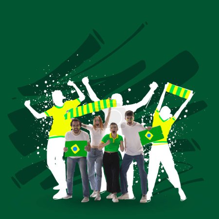 Téléchargez les photos : Creative art collage. Modern design. Emotional young people, men and women actively cheering up favourite brazil football team over green background. Concept of sport, cup, world, event, competition - en image libre de droit