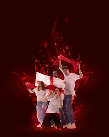 Téléchargez les photos : Creative art collage. Modern design. Group of young people emotionally cheering favorite sport team of england on competition. Red background. Concept of sport, cup, world, team, event, championship - en image libre de droit