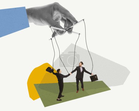 Foto de Control, manipulation over employees. Contemporary art collage. Human hand holding on strings men, workers. Teamwork and project making. Business, career development, professional management concept - Imagen libre de derechos