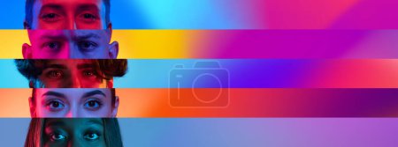 Photo for Collage. Close-up images of male and female eyes looking at camera over gradient multicolor background in neon light. Concept of human diversity, emotions, equality, human rights, youth - Royalty Free Image