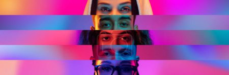 Téléchargez les photos : Collage. Close-up image of male and female eyes isolated on colored neon backgorund. Multicolored stripes. Concept of human diversity, emotions, equality, human rights, youth - en image libre de droit