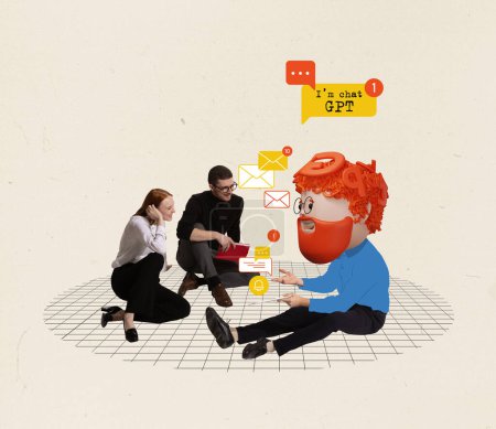 Foto de Contemporary art collage. Young people chatting with smart online Ai service - chat GT developed by OpenAI. Modern technologies, online service, artificial intelligence, futuristic innovations concept - Imagen libre de derechos
