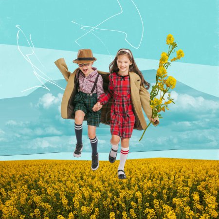 Photo for Contemporary art collage. Creative abstract design. Happy smiling little children, boy and girl running on flower field in summer warm day. Concept of childhood, dreams, surrealism - Royalty Free Image