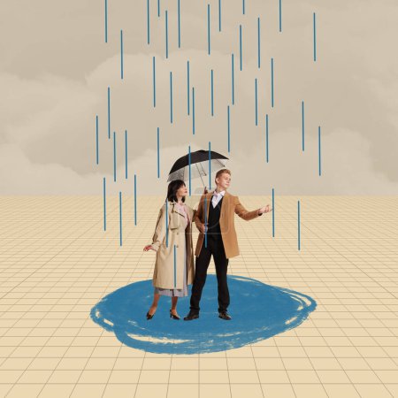 Foto de Diseño creativo en estilo retro. collage de arte contemporáneo. Una cita romántica. Hombre y mujer caminando bajo paraguas en el día lluvioso. Concepto de surrealismo, creatividad, inspiración, imaginación - Imagen libre de derechos