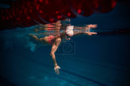 Téléchargez les photos : Strong sportive woman, professional swimmer training in swimming pool indoor. Athlete in goggles and cap. Underwater view. Concept of sport, endurance, competition, energy, healthy lifestyle - en image libre de droit