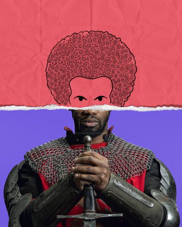 Photo for Contemporary art collage with doodles. Brave man, medieval warrior, knight with drawn face part over red background. Comparison of eras. Concept of inspiration, imagination, history and modernity - Royalty Free Image