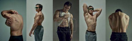 Téléchargez les photos : Collage. Handsome attractive young man with perfect muscular for relief body posing over pale green studio background. Concept of mans beauty, sportive and healthy lifestyle, fashion - en image libre de droit