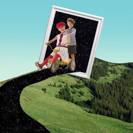 Téléchargez les photos : Contemporary art collage. Creative design. Little kids, boy and girl appearing from space frame and playing on mountains. Concept of childhood, fun, fantasy, dreams, imagination and inspiration - en image libre de droit