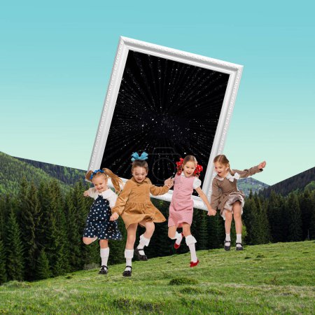 Foto de Contemporary art collage. Creative design. Happy playful girls, kids jumping out space frame into green grass over mountain background. Concept of childhood, fun, fantasy, imagination and inspiration - Imagen libre de derechos